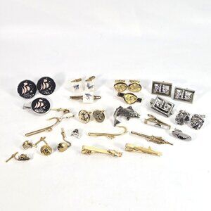 Mens Vintage Jewelry Lot Cufflinks Tie Bars 20pc Nautical Fish Ships Cottage